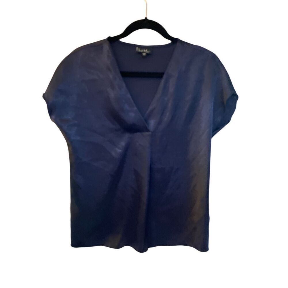 Nicole miller, New York, navy blue shimmer, short sleeve, blouse, size small